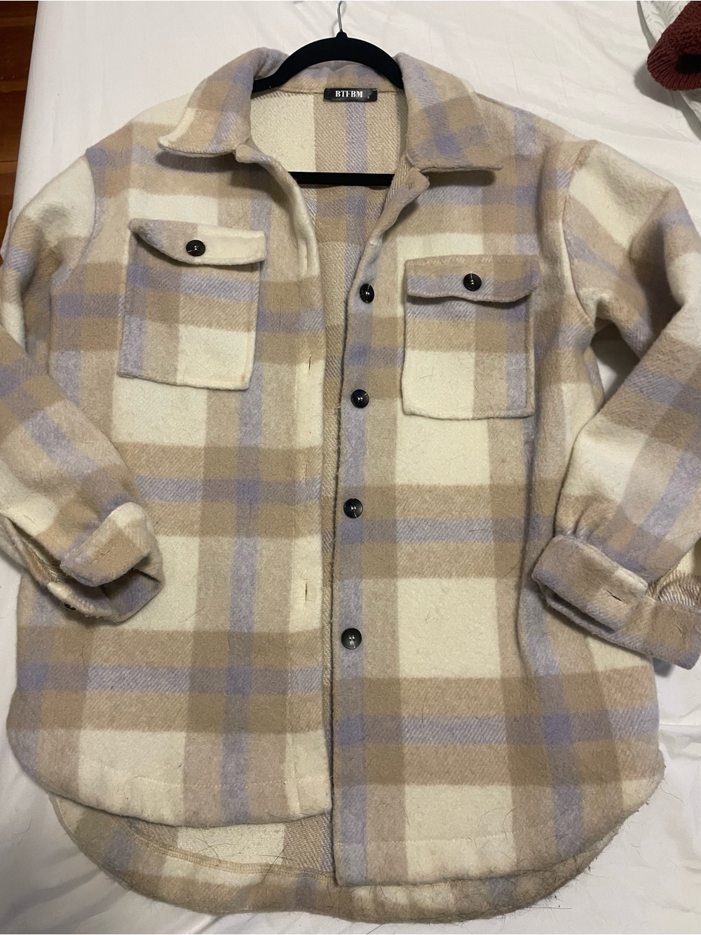 Plaid Button-Down Shacket in Cream, Tan & Lavender